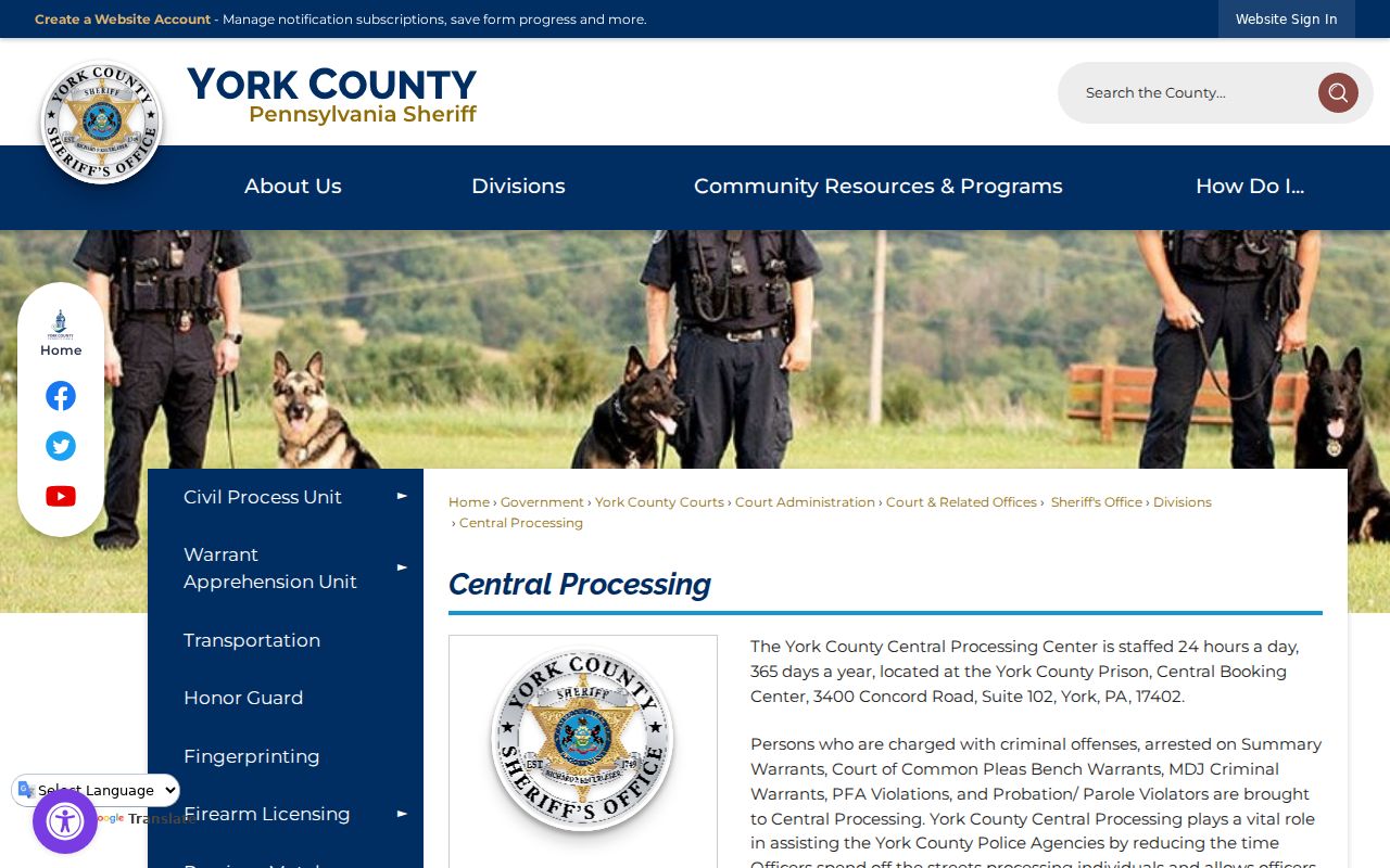 York County arrest booking records at Central Processing