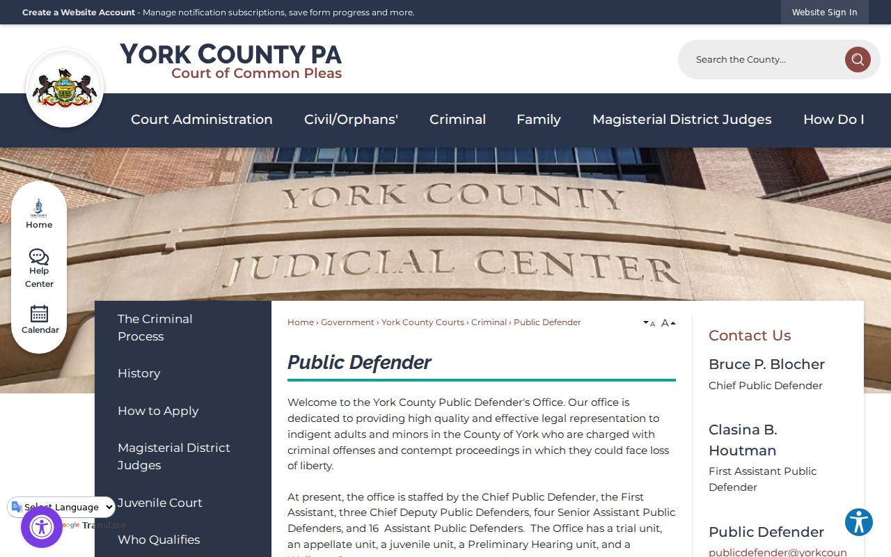 York County criminal court Public Defender information