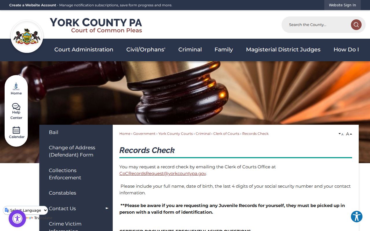 York County criminal court Clerk record-check instructions