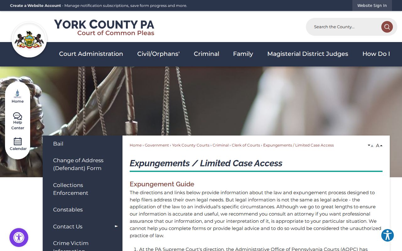 York County criminal court expungement and limited-access filing page