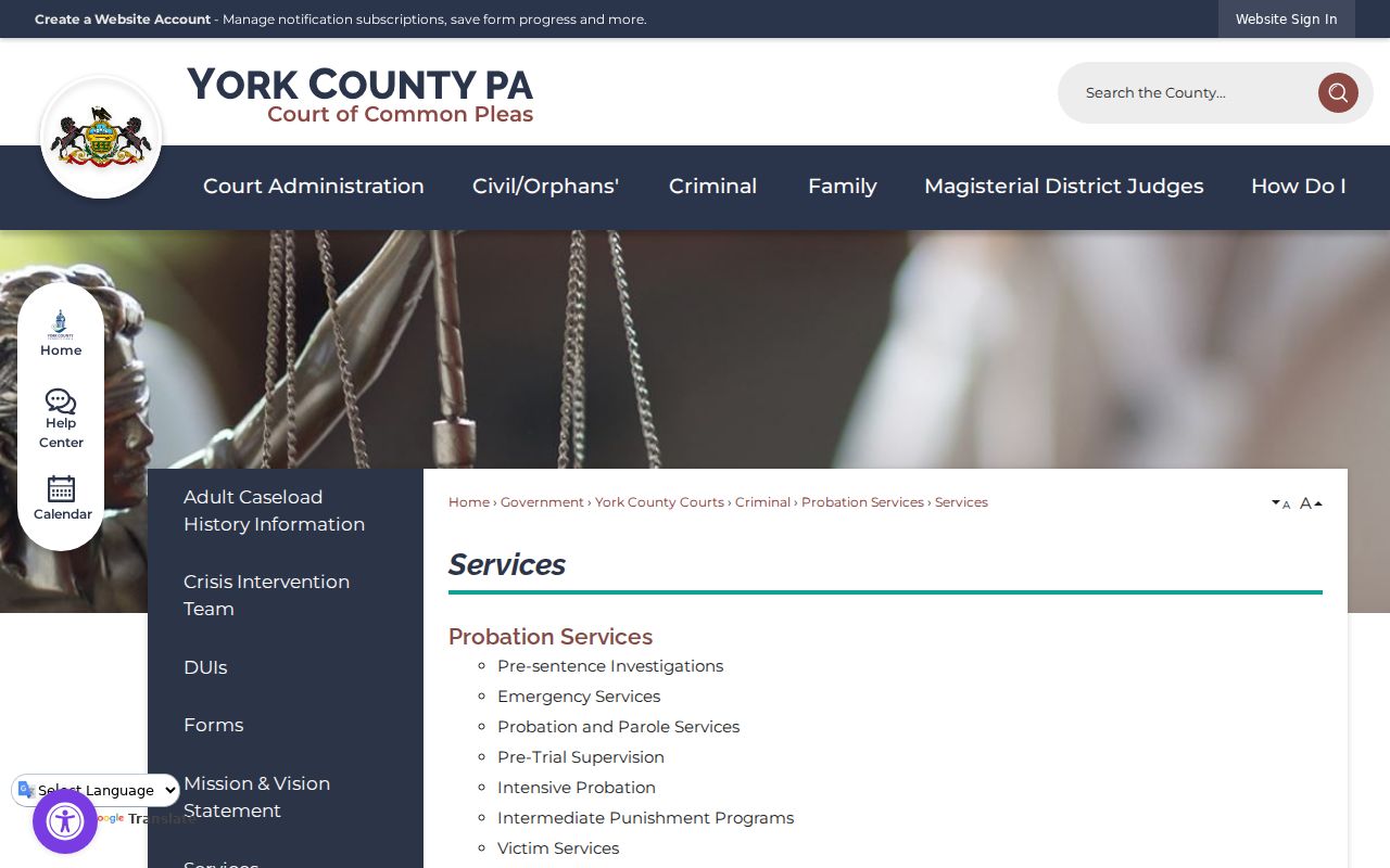 York County criminal history probation and parole services