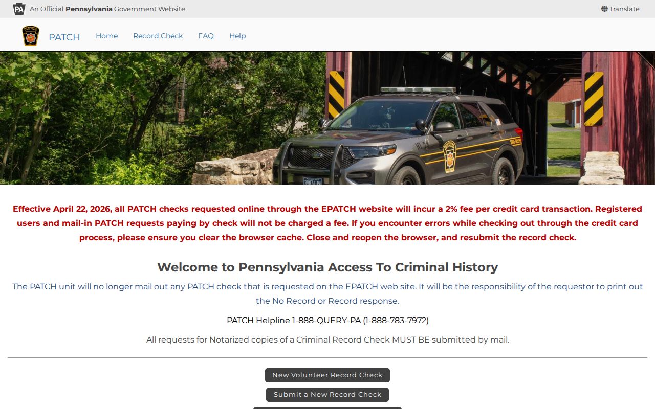 York County criminal history request screen on the PATCH portal