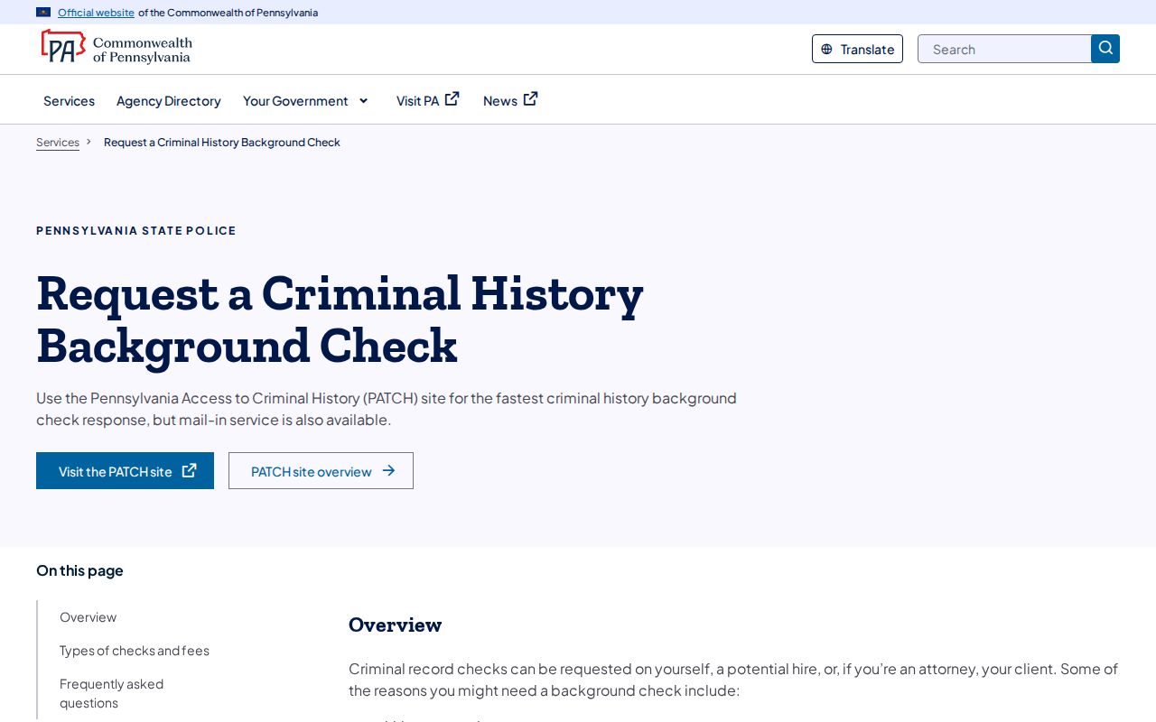 York County criminal history options on the Pennsylvania State Police page